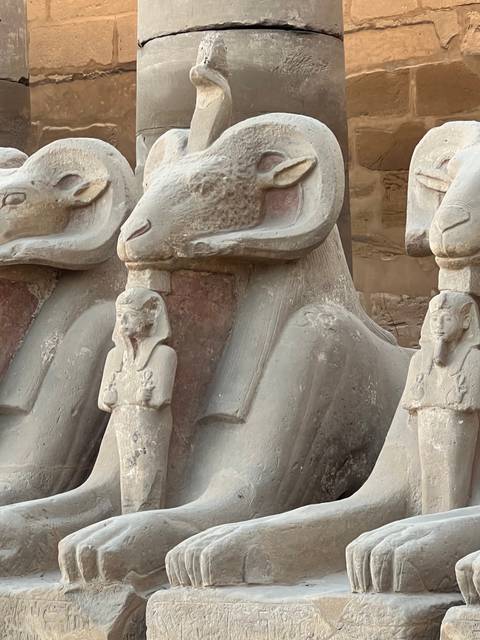 Close-up of an ancient Egyptian sculpture of an animal head.
