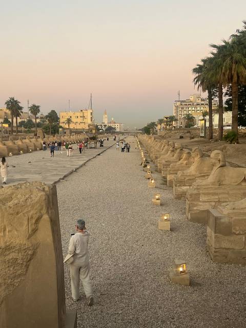       Evening view of an avenue lined with sphinx statues.
  