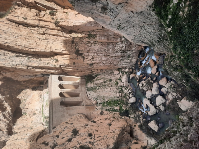       River flowing through a rocky gorge with arched bridge.
  