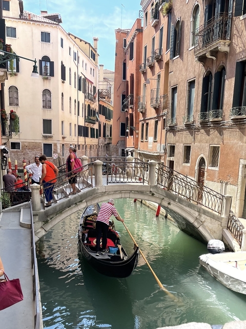       Gondolier under a bridge in Venice.
  