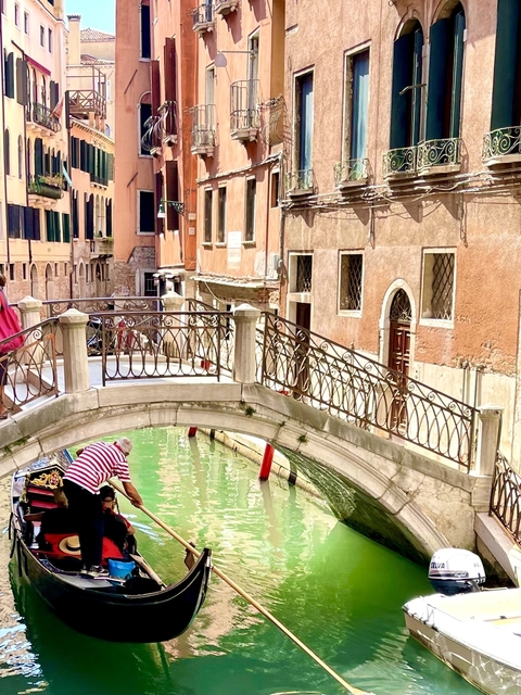       Person cleaning gondola near a Venetian bridge.
  