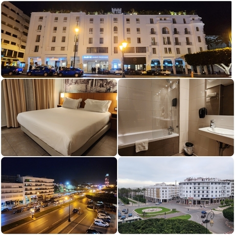 Collage of a hotel interior and exterior.