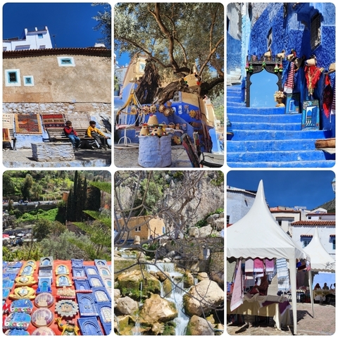 Collage of the blue town, Chefchaouen with people and market.