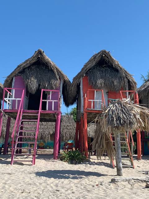 Rustic beach huts with thatched roofs.