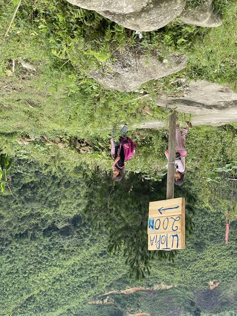 Children walking past a sign in a green, rural landscape.