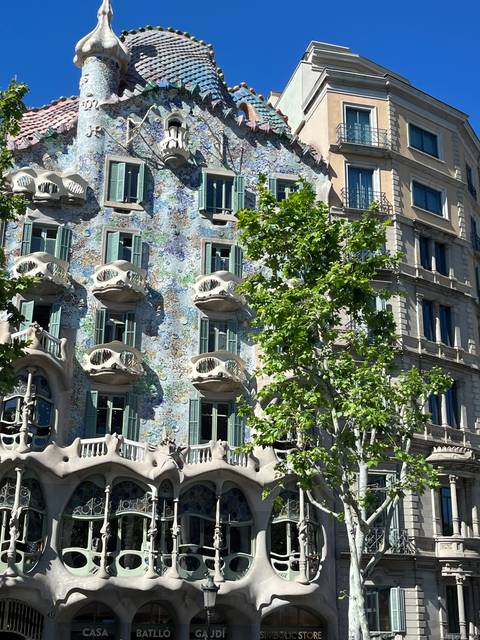       Whimsical facade of a modernist building with tree.
  