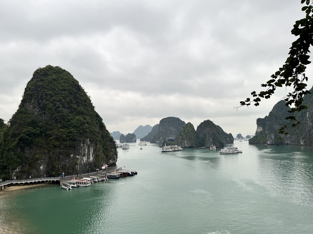       A panoramic view of a bay with limestone karsts and boats.
  