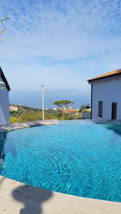 Infinity pool and ocean view with hills in the distance.