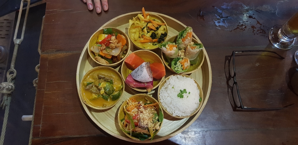 Colorful Cambodian cuisine presented on a platter.