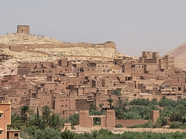 Traditional mud-brick village with palm trees in the foreground.