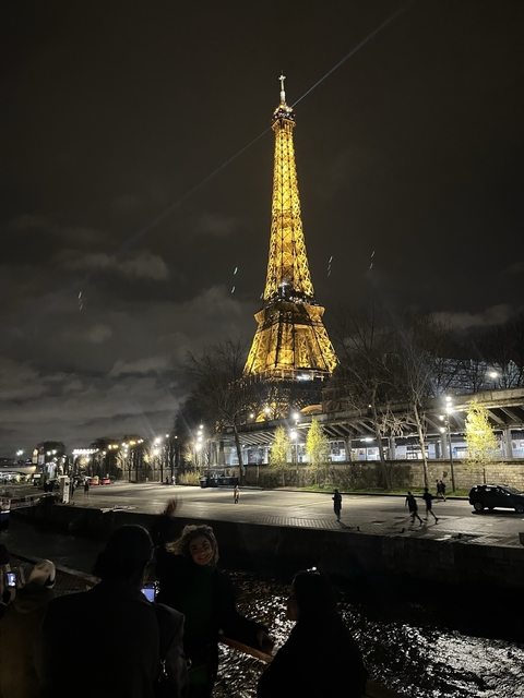 Eiffel Tower illuminated at night with surrounding cityscape.