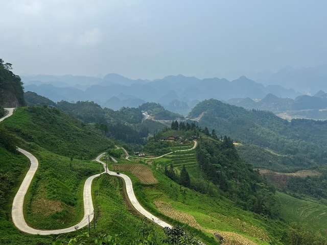       Winding roads through green hills and mountains.
  