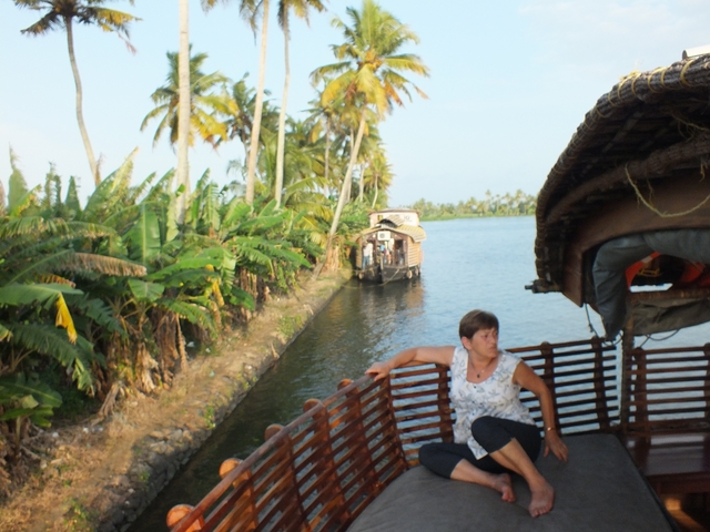 Person sitting on a boat with a canal and palm trees.