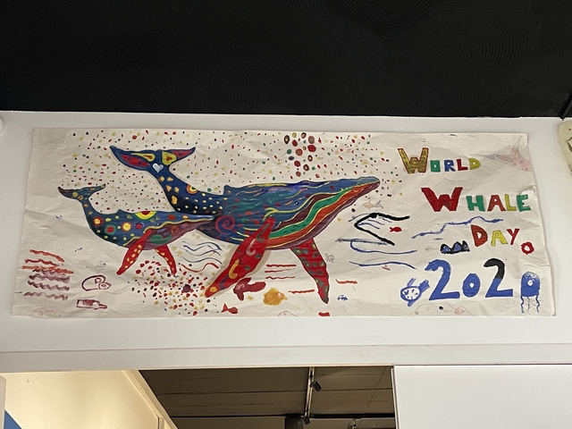       Whale-themed artwork on a wall, celebrating an event.
  