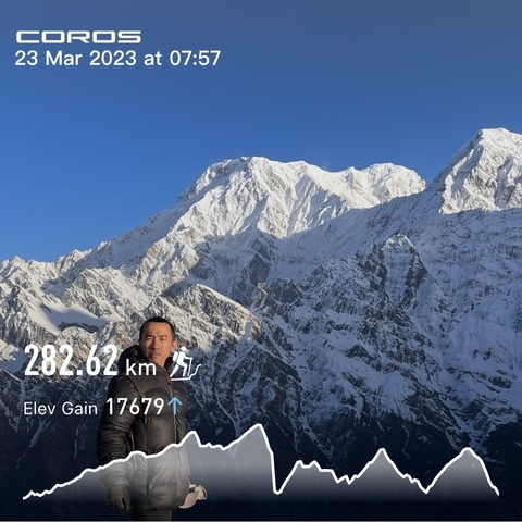       Person standing in front of a mountain with overlay text indicating distance covered.
  