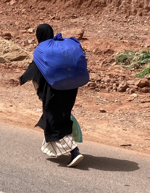 Person carrying a large sack on their back, walking on a dirt road.