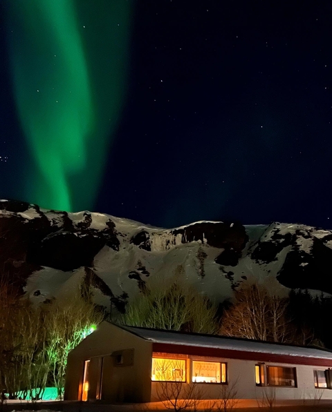       Northern lights over snowy landscape at night.
  