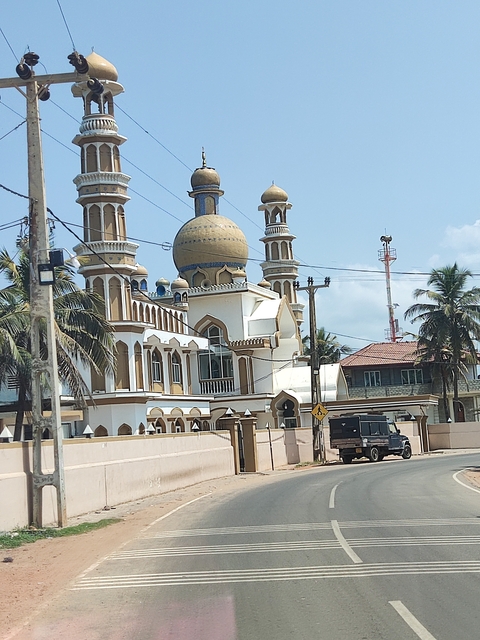      A mosque with domes and minarets, palm trees nearby.
  