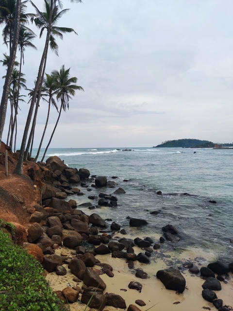       Rocky coastline with gentle waves under a cloudy sky.
  