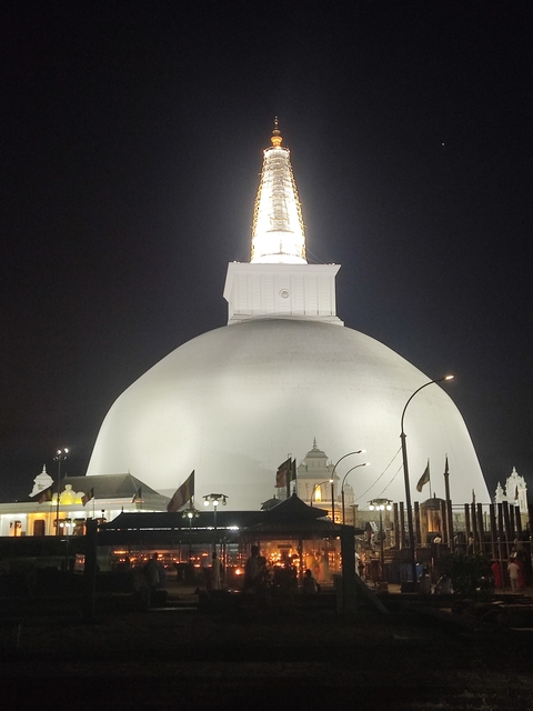       Illuminated stupa at night.
  