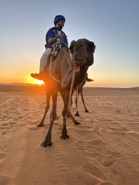 Person riding a camel in the desert at sunset.