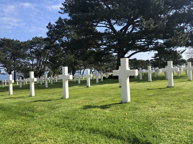 Row of white crosses in a military cemetery by the sea.