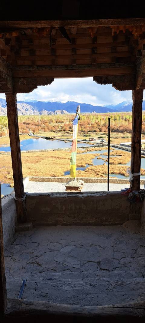 View through a wooden structure towards a river and trees.