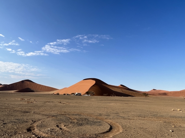 Desert landscape with sandy dunes and blue sky.