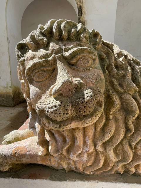 Stone sculpture of a lion's head.
