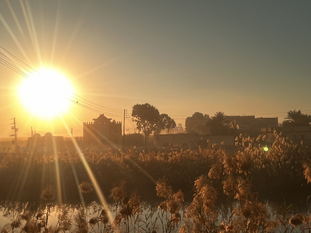      Sunrise over a village with misty fields.
  