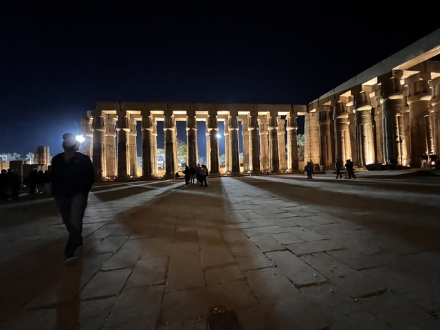       Lit columns of an ancient temple at night.
  