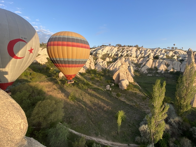 Hot air balloons flying over a rocky landscape with greenery.
