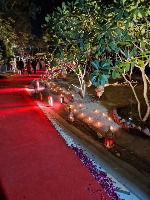       Pathway decorated with lanterns and lights in a garden.
  