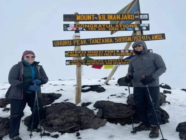       Two people posing at Uhuru Peak summit sign.
  