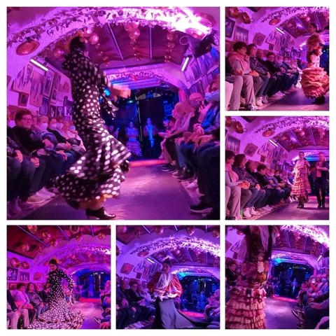       Flamenco dancers performing in front of an audience in a colorful room.
  