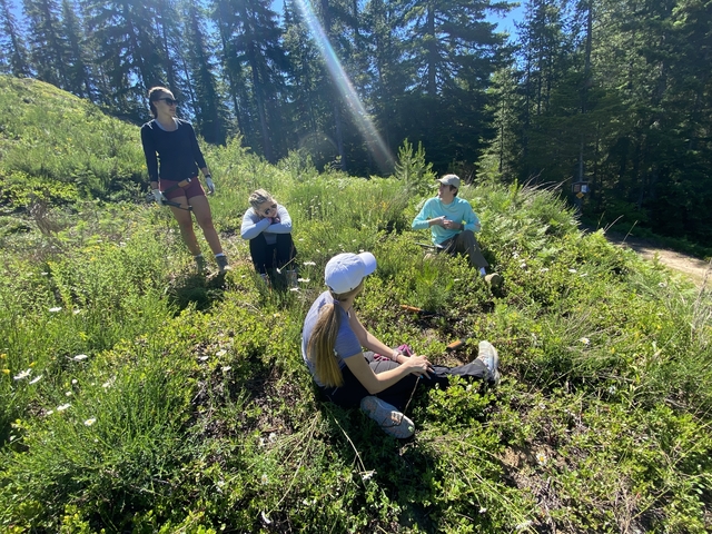       Group of people resting on a grassy hill during a hike.
  