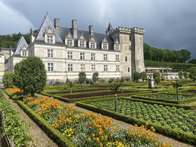 Garden with symmetrical flower beds in front of a château.
