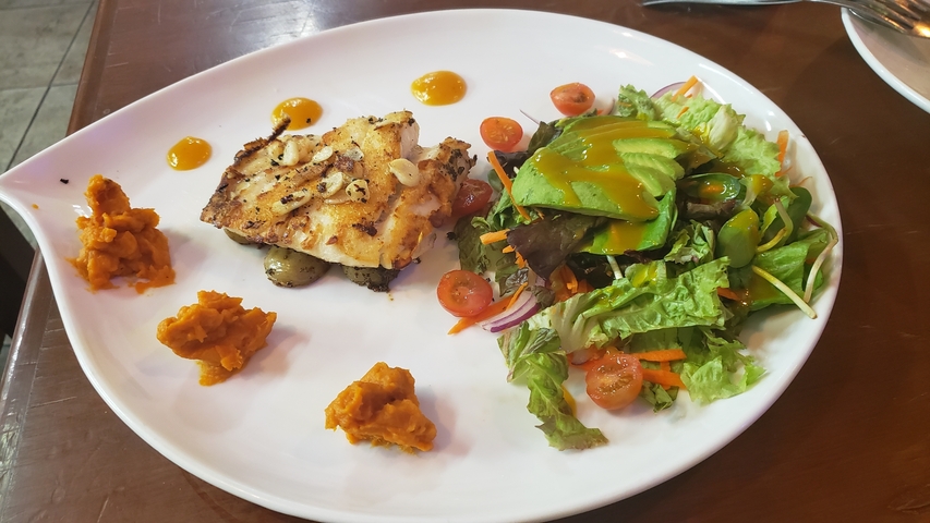 A dish with grilled fish, salad, and sweet potato puree on a plate.