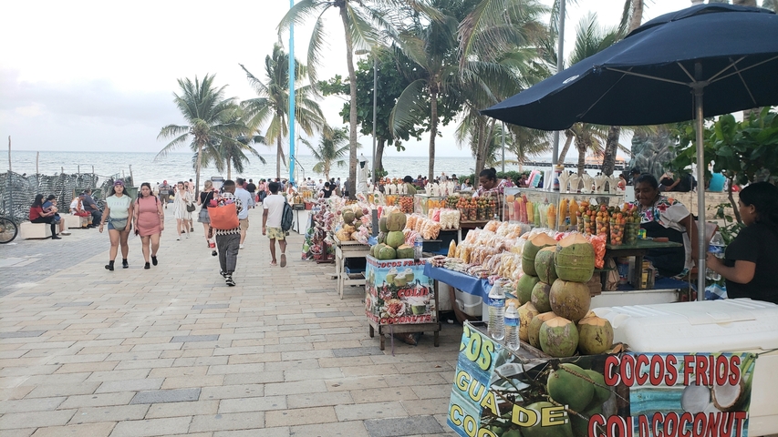       Market stalls selling fruits and coconuts by the beach.
  