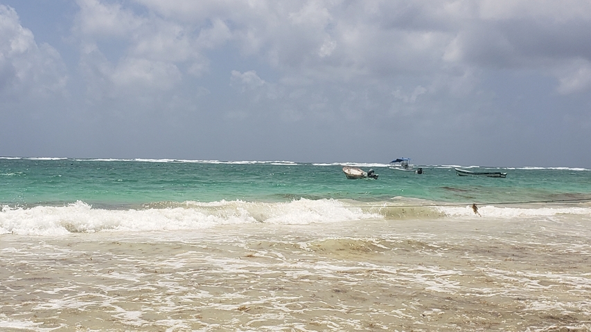 Waves crashing on a sandy beach with boats on the horizon.
