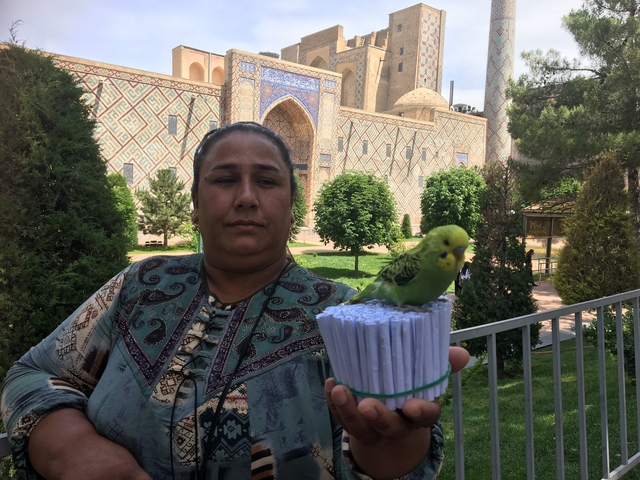 Woman holding a parakeet in front of a historic building.