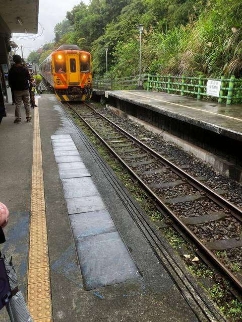 Train on tracks with green surroundings.