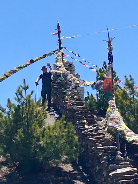 Hiker with trekking poles and colorful flags.