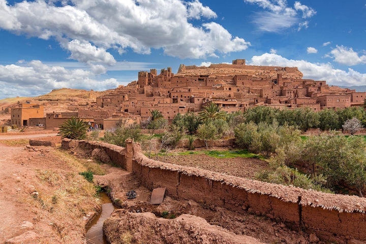       Ancient clay city with palm trees under a blue sky
  