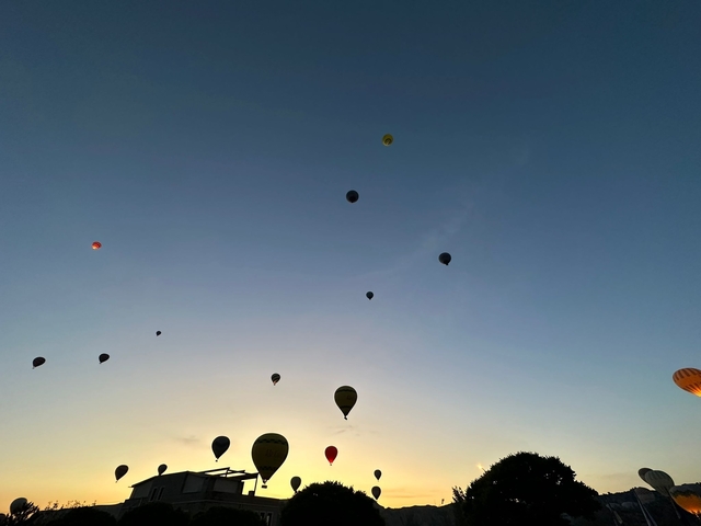       Hot air balloons rising against the backdrop of a sunset sky.
  