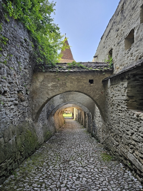 Ancient stone archway in a narrow alley.