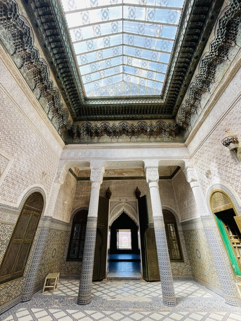 Traditional Moroccan interior architecture with intricate carvings.
