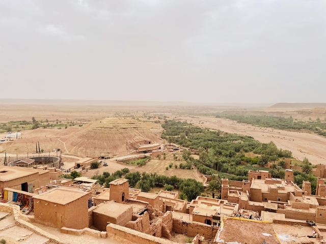       Overhead view of a desert landscape with a small town.
  