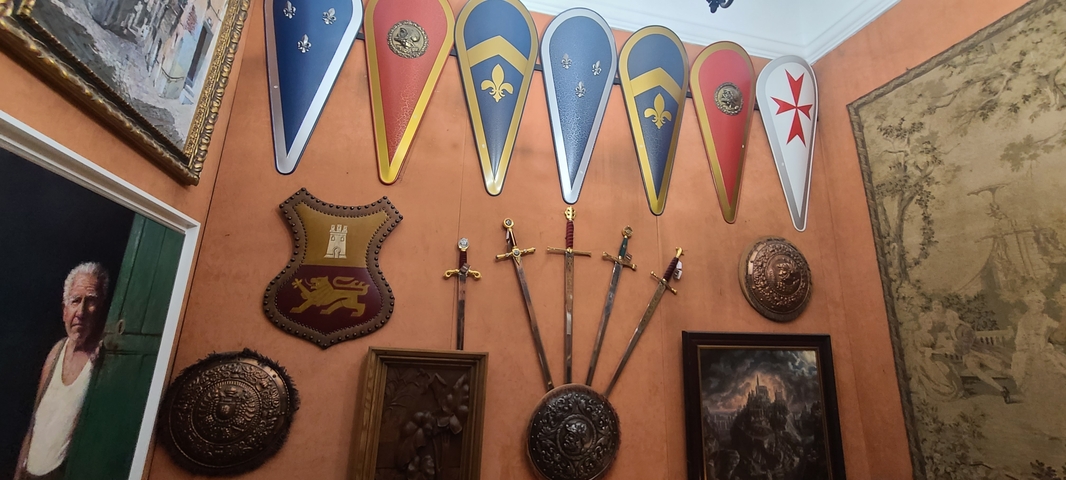       Room decorated with historical shields and swords.
  