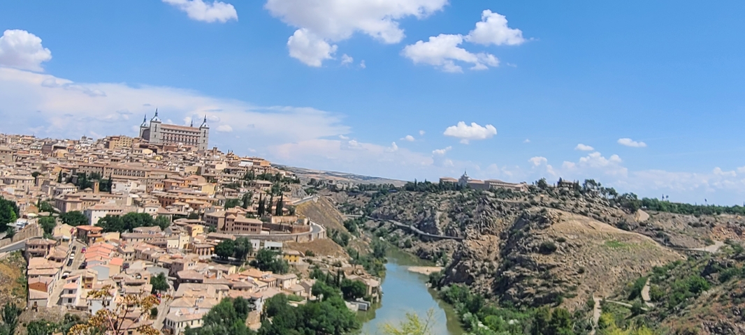       Panoramic view of Toledo cityscape with river and hills.
  